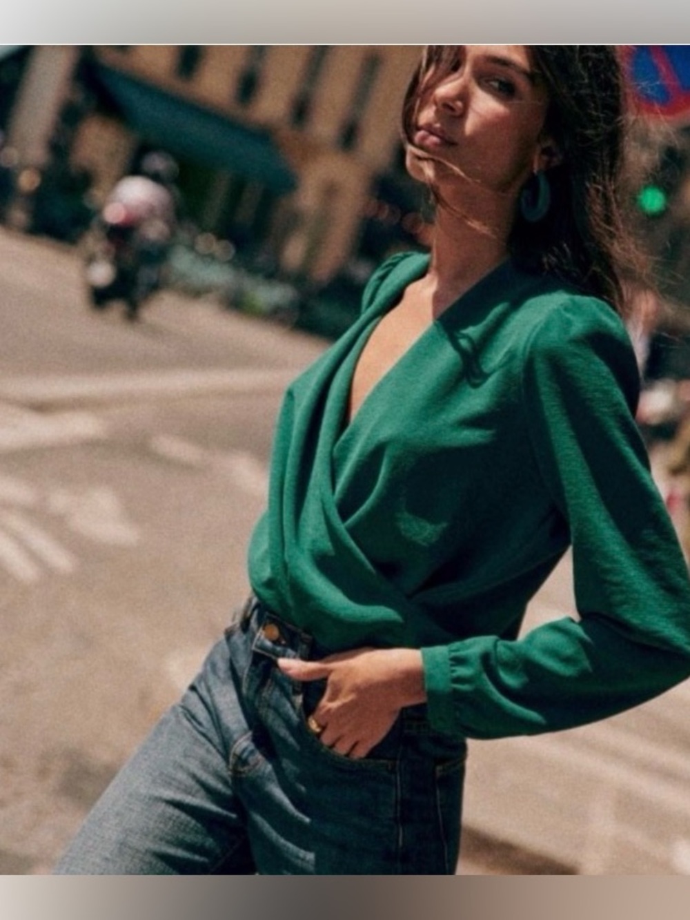 Sezane Abelia Green Wrap French Casual Minimalist Blouse Top